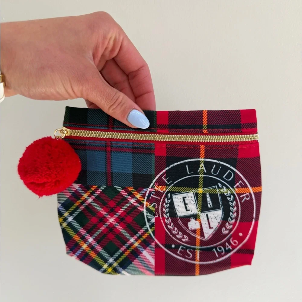 Estee Lauder Red and Green Tartan Cosmetic Pouch with Pom Pom